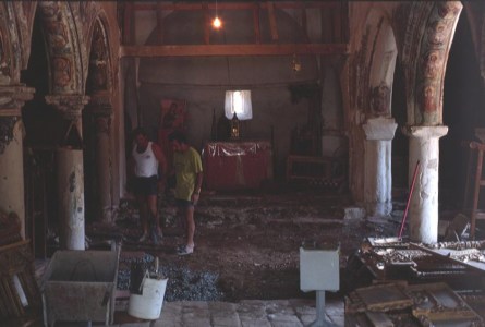 Arakapas, Church of Panagia Iamatiki, during restoration work in the chapel in 1992 in order to solve the problems of damp in the terracotta slabs on the floor.
